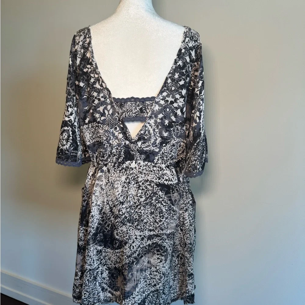 Free People Midnight Blue, White & Gray Patterned Mini Dress w Waist Tie - Small - Picture 3 of 16